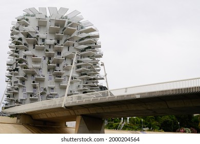 Montpellier , Ocitanie France  - 06 25 2021 : Montpellier L’Arbre Blanc White Tree Tower By The Architect Sou Fujimoto