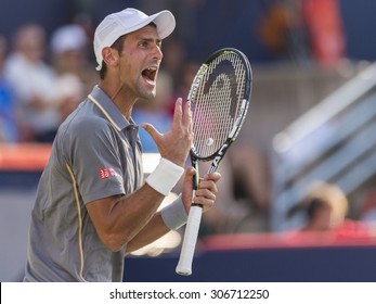 MONTREAL - AUGUST 16:   Novak Djokovic of Serbia during his final match loss to Andy Murray of Great Britain at the 2015 Rogers Cup on August 16, 2015 in Montreal, Canada