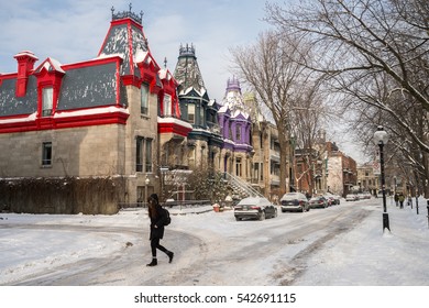 Montreal, CA - 17 December 2016: Victorian Colorful Houses In Square Saint Louis In Winter