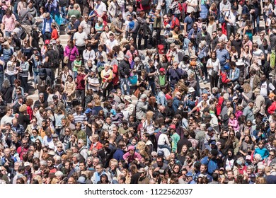 Montreal, CA - 20 May 2017: Crowd on Place des Arts attending a street performance