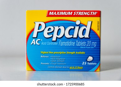 Montreal, CA - 27 April 2020: Box Of Pepcid AC Antacid Over-the-counter Medicine