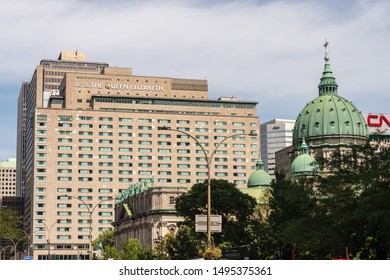 Montreal, CA - 3 September 2019: Facade Of Queen Elizabeth Fairmont Hotel On René Lévesque Bld.