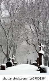 MONTREAL CANADA 02 15 2017: During Snow Storm The Notre Dame Des Neiges Church Cemetery Is A Catholic Cemetery Open To Other Faiths.