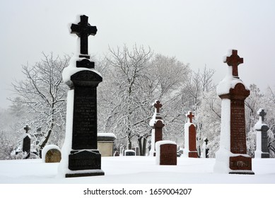 MONTREAL CANADA 02 27 2020: During Snow Storm The Notre Dame Des Neiges Church Cemetery Is A Catholic Cemetery Open To Other Faiths.