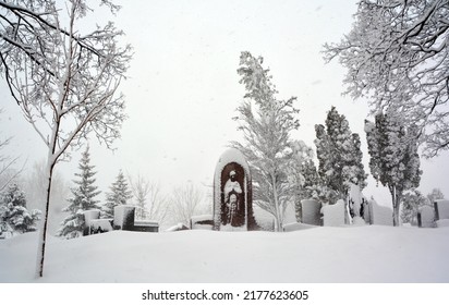 MONTREAL CANADA 02 27 2020: During Snow Storm The Notre Dame Des Neiges Church Cemetery Is A Catholic Cemetery Open To Other Faiths