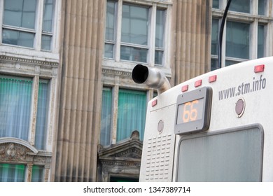 MONTREAL, Canada – 03/15/2019: Back Top Rear View Ofan STM Public Bus In Downtown Montreal.