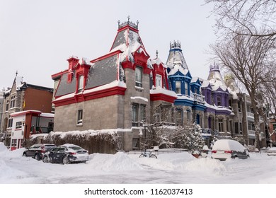 Montreal, CANADA - 13 January 2018: Victorian Colorful Houses In Square Saint Louis In Winter