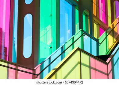 Montreal, Canada - 14 Sept 2017: The Colourful Stained Glass Palais Des Congres De Montreal, A Covention And Exhibition Centre Located In Downtown Montreal, Canada