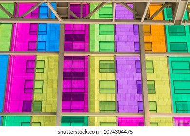 Montreal, Canada - 14 Sept 2017: The Colourful Stained Glass Palais Des Congres De Montreal, A Covention And Exhibition Centre Located In Downtown Montreal, Canada