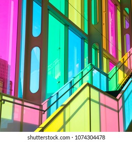 Montreal, Canada - 14 Sept 2017: The Colourful Stained Glass Palais Des Congres De Montreal, A Covention And Exhibition Centre Located In Downtown Montreal, Canada