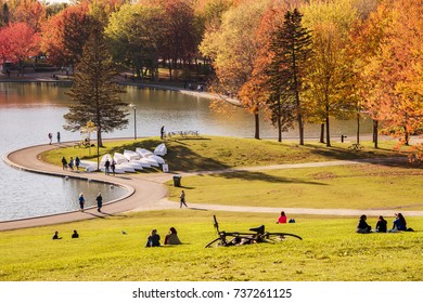 Montreal, Canada - 18 October 2017: People Enjoy A Warm Autumn Day In The Mont Royal Park