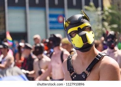 Montreal, CANADA - 20 August 2017: Gay Man Wearing A Dog Slave Hood