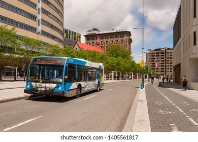 Montreal, Canada - 21 May 2019: STM Public Transit Bus On De Maisonneuve Boulevard.