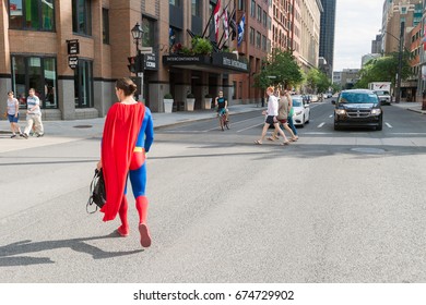 Montreal, Canada - 9 July 2017: Superman Is Walking The Streets Of Montreal After ComicCon Convention.