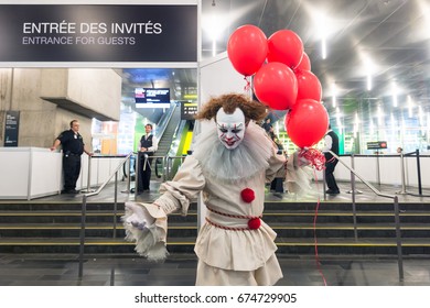 Montreal, Canada - 9 July 2017: Scary Clown With Balloons At Montreal ComicCon 2017.