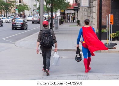 Montreal, Canada - 9 July 2017: Superman Is Walking The Streets Of Montreal After ComicCon Convention.