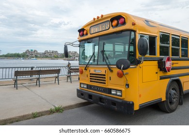 Montreal, Canada - 9 June 2017: Yellow Buses Parked In The Old Port Of Montreal