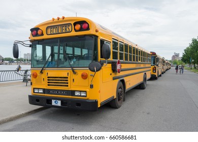 Montreal, Canada - 9 June 2017: Yellow Buses Parked In The Old Port Of Montreal