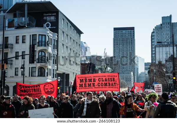 MONTREAL, CANADA   APRIL 02 2015: Riot in the
Montreal Streets to counter the Economic Austerity Measures.
Protesters Takes the control of the
Streets