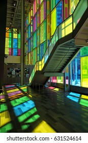 MONTREAL, CANADA - April 23, 2017: Colourful Glass Panels And Stairs In Palais Des Congres De Montreal (Montreal Convention And Conference Centre)  Montreal, Canada