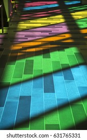 MONTREAL, CANADA - April 23, 2017: Colourful Glass Panels And Stairs In Palais Des Congres De Montreal (Montreal Convention And Conference Centre)  Montreal, Canada