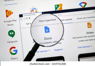 MONTREAL, CANADA - APRIL 26, 2019: Google Docs logo and app on a home page. Google is an American multinational technology company that specializes on Internet services and products.
