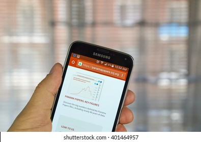 MONTREAL, CANADA - APRIL 5, 2016 : ICIJ Web Page On Mobile Phone. ICIJ Is International Consortium Of Investigative Journalists And Well Known For The Panama Papers.