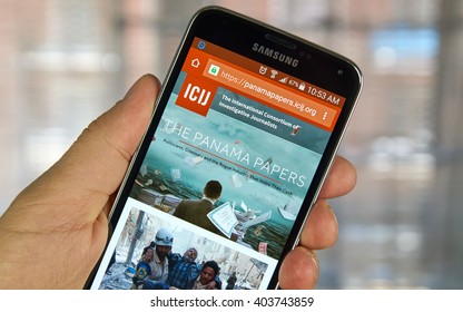 MONTREAL, CANADA - APRIL 5, 2016 : ICIJ Web Page On Mobile Phone. ICIJ Is International Consortium Of Investigative Journalists And Well Known For The Panama Papers.