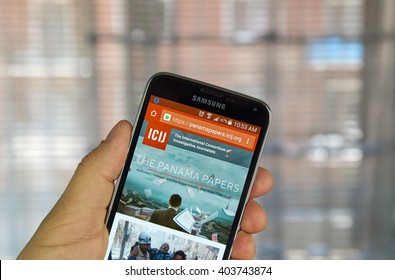 MONTREAL, CANADA - APRIL 5, 2016 : ICIJ Web Page On Mobile Phone. ICIJ Is International Consortium Of Investigative Journalists And Well Known For The Panama Papers.