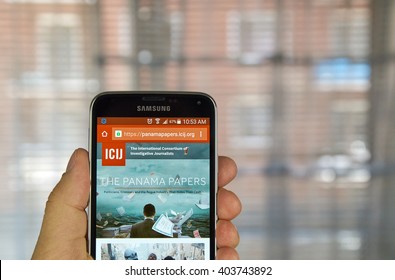 MONTREAL, CANADA - APRIL 5, 2016 : ICIJ Web Page On Mobile Phone. ICIJ Is International Consortium Of Investigative Journalists And Well Known For The Panama Papers.