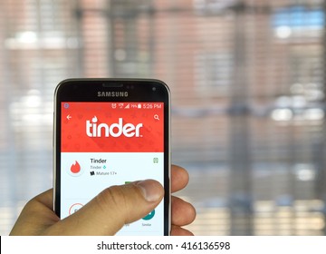 MONTREAL, CANADA - APRIL 5, 2016 : Tinder application on Android phone. Tinder is a location-based dating and social discovery service application