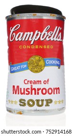 MONTREAL, CANADA - August 19, 2016: Campbell's Condensed Tomato Soup Can. The Campbell Soup Company, Is An American Producer Of Canned Soups. Andy Warhol Used Campbell's Soup Cans In Pop Art.