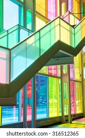 MONTREAL, CANADA - AUGUST 20th 2014: The Colourful Stained Glass Palais Des Congres De Montreal, A Public Convention And Exhibition Centre Located In Downtown Montreal, Canada