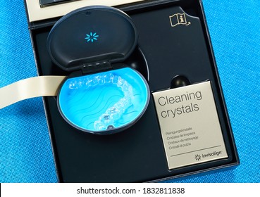 Montreal, Canada - August 28, 2020: Align Aligners With Cleaning Crystals In Box. Invisalign Are Plastic Clear Aligners Know As Invisible Orthodontics, Customized To Fit Jaw Used For Bite Correction