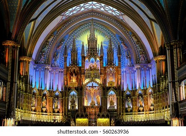 MONTREAL, CANADA - CIRCA OCTOBER 2016: Impressive lighting seen within a large Cathedral showing the detail of the roof, altar and large pipe organ section.