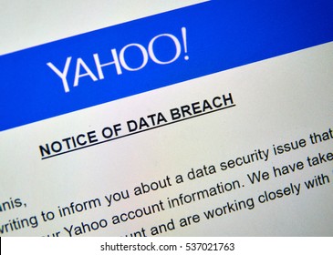 MONTREAL, CANADA - DECEMBER 15, 2016 : Yahoo Notice of newly discovered data breach under magnifying glass.