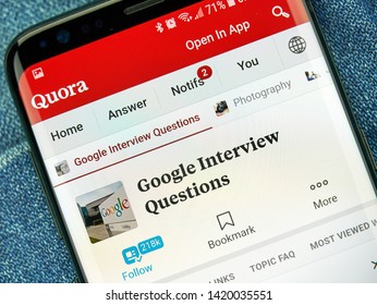 MONTREAL, CANADA - December 23, 2018: Google interview questions on Quora, android app on Samsung s8 screen. Quora is an American question and answer website where questions are asked and answered.