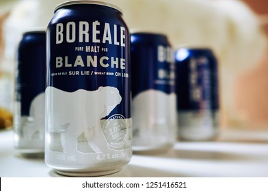 MONTREAL, CANADA - DECEMBER 4 2018: Cans Of Boréale White Beers From Microbrewery Les Brasseurs Du Nord Known For Its All-natural Ales. Label Features Polar Bear, And Sold Only In Province Of Quebec.