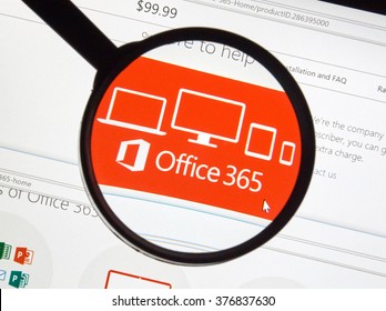 MONTREAL, CANADA - FEBRUARY, 2016 - Microsoft Office 365 on the web under magnifying glass.