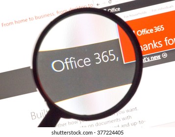 MONTREAL, CANADA - FEBRUARY, 2016 - Microsoft Office 365 on the web under magnifying glass.