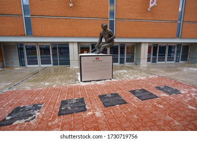 MONTREAL, CANADA - January 16, 2020: Statue Of Guy LaFleur, A Famous Ice Hockey Player In Front Of Bell Centre, Home Of The Montreal Canadiens.