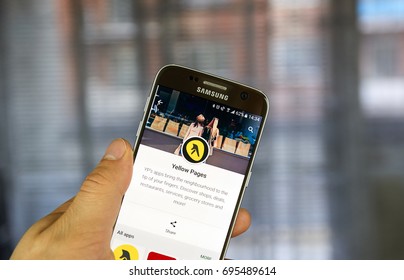 MONTREAL, CANADA - JULY 14, 2017 - Yellow Pages mobile application. Yellow pages refers to a telephone directory of businesses, organized by category