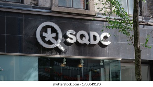 Montreal, Canada - July 25th 2020 Sign On Cannabis Store (SQDC) On Saint Catherine Street In Montreal  