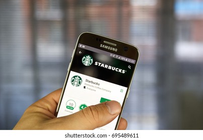 MONTREAL, CANADA - JULY 26, 2017 - Starbucks mobile application. Starbucks is one of the popular American coffee company and coffeehouse chain.