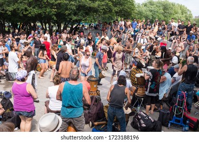 MONTREAL, CANADA - JULY 6, 2015:The Tam-Tams Is A Weekly Free Festival Around The George-Étienne Cartier Monument In Mount Royal Park In Montreal, Quebec, Canada. Its Name Imitate The Sound Of Drums.