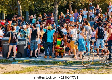 Montreal, Canada - June, 2018: Crowd Cheering In The Tam Tams Park Or Park Mount Royal In Montreal, Canada.