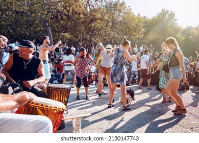 Montreal, Canada - June, 2018: Young Canadian women dancing in tam tams festival in Mount Royal Park, Montreal, Canada.