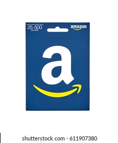 MONTREAL, CANADA - MARCH 10, 2017 : Amazon popular giftcard. The card is a prepaid stored-value money card issued to be used as an alternative to cash for purchases.