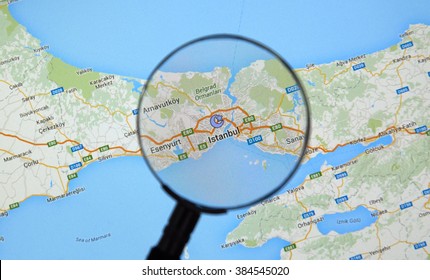 MONTREAL, CANADA - MARCH, 2016 -  Istanbul on Google Maps under magnifying glass. Istanbul is capital of Turkey.