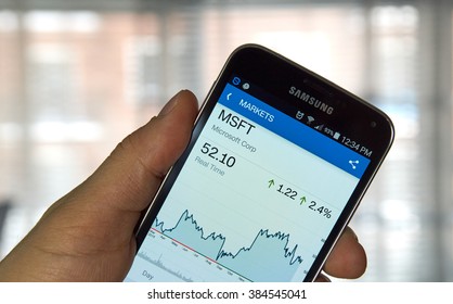 MONTREAL, CANADA - MARCH, 2016 -  MSFT - Microsoft stock ticker with chart on screen of mibile Samsung S5 in a hand. Microsoft Corporation is an American multinational technology company.